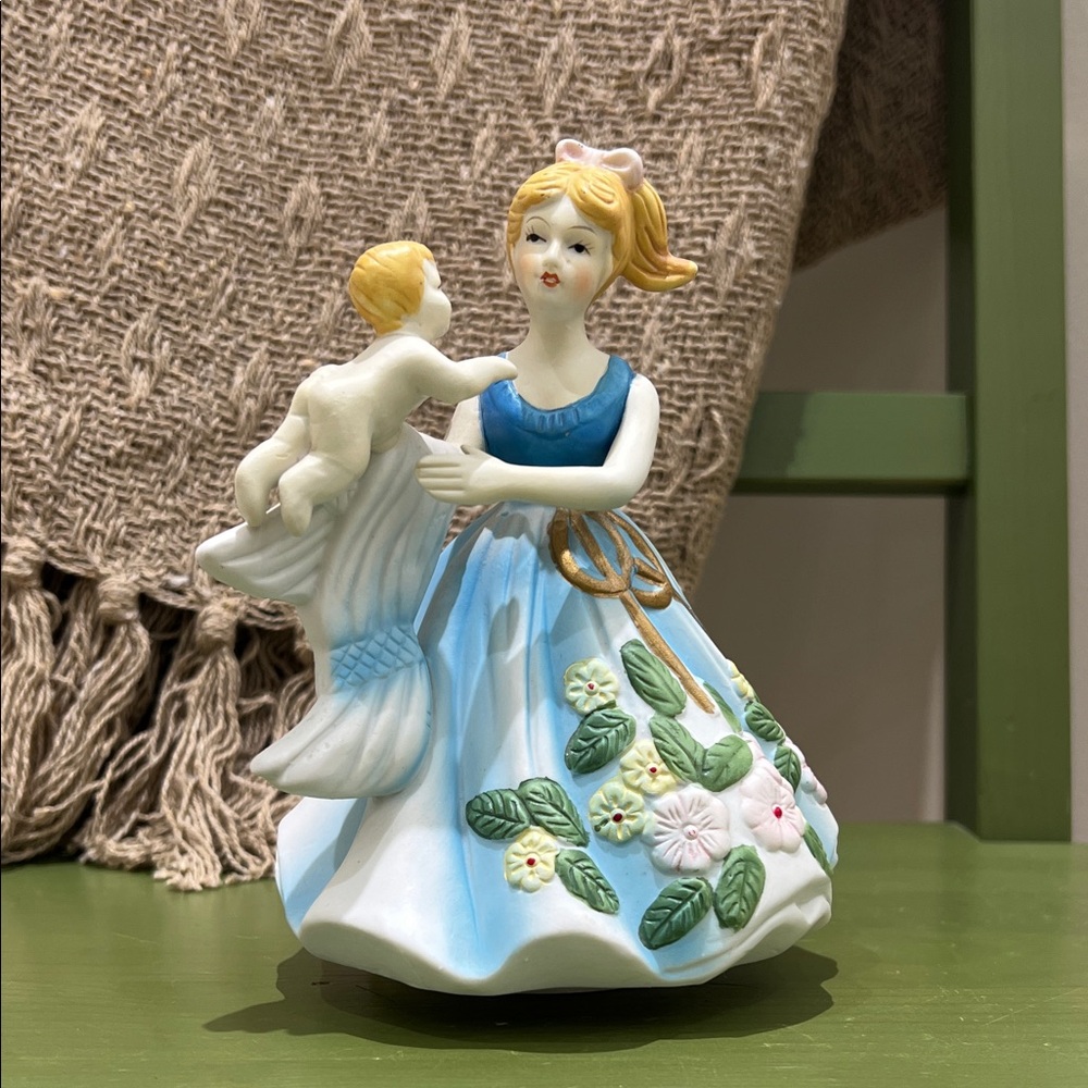 Vintage Musical Porcelain Girl with Baby Figurine - Blue Dress Floral